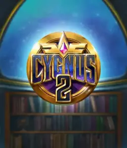 Experience the magical visuals of ELK Studios' Cygnus 2 Slot, showcasing a stunning golden emblem with a bright purple and gold design. Positioned against a mystical library backdrop, this image evokes the essence of mystical exploration. 